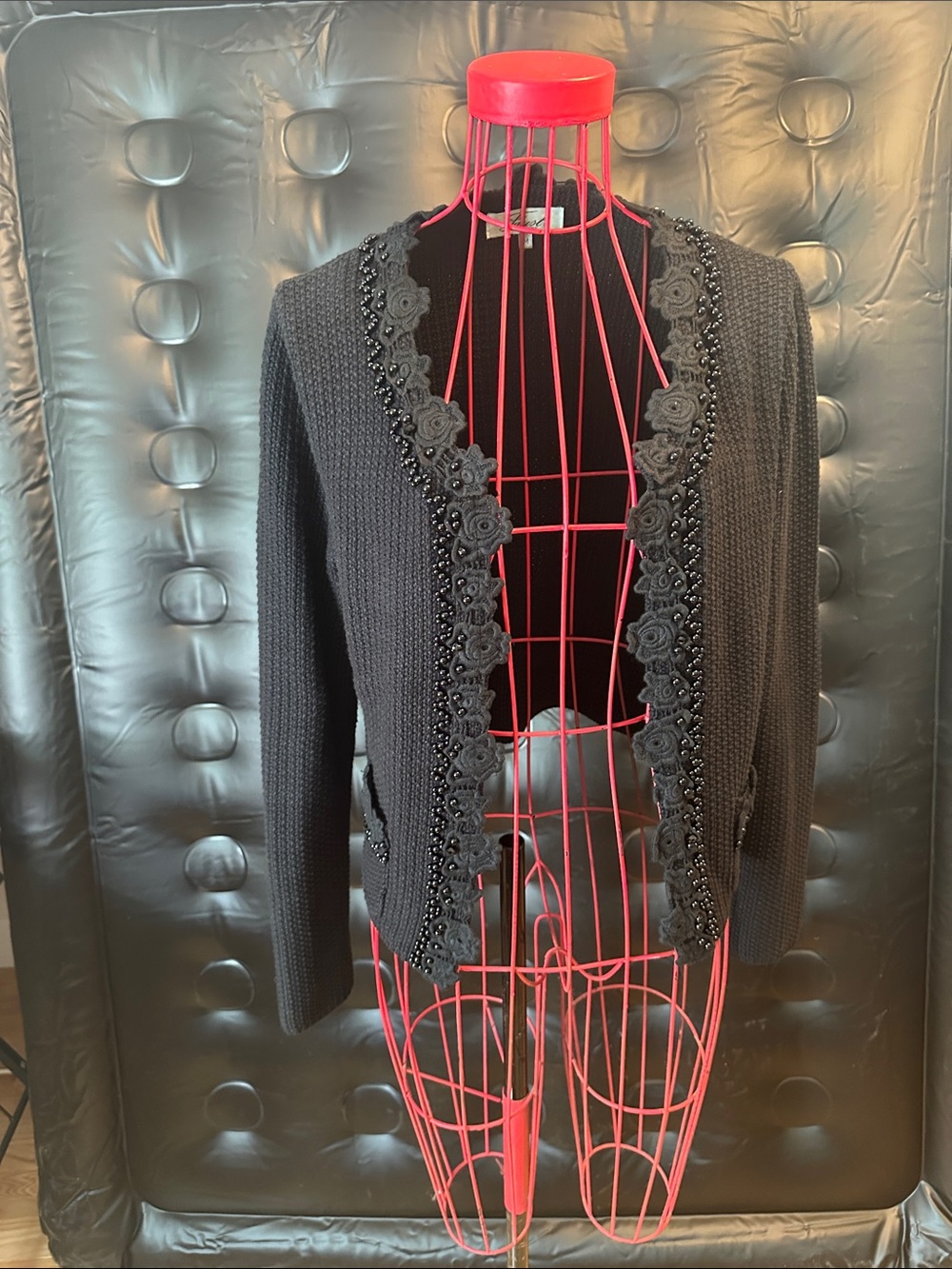 Black Embellished Open-Front Knit Jacket